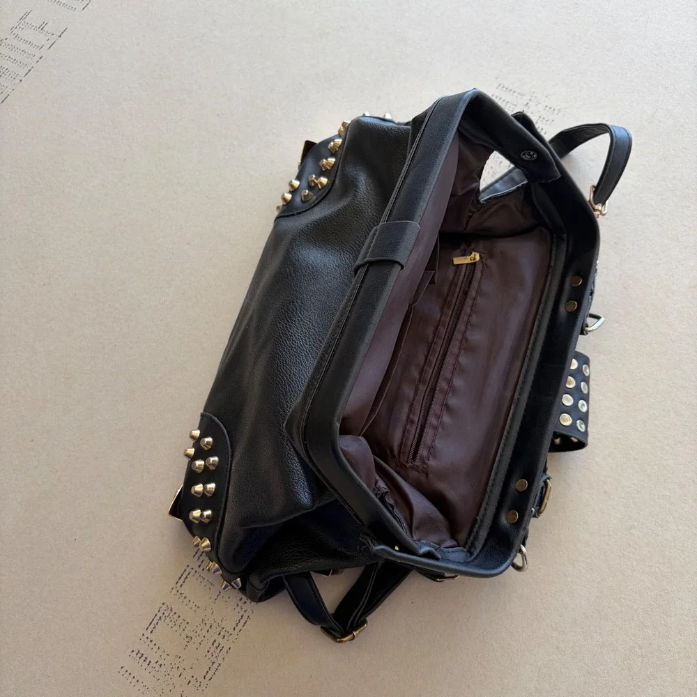 Y2K Unbranded Studded Biker Rockstar Grunge Doctor Bag Satchel Crossbody Black